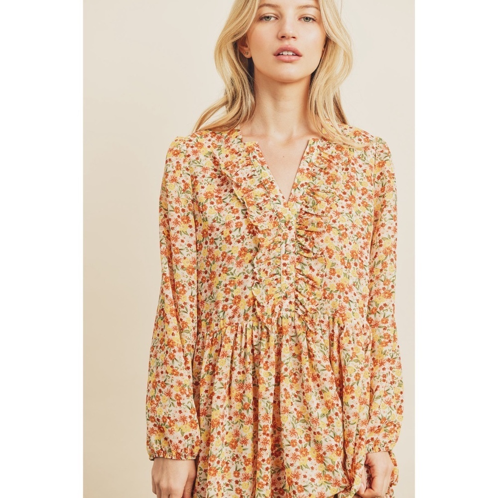 DRESS FORUM Yellow & Orange Ditzy Floral V Neck Mini Dress - Picture 4 of 8